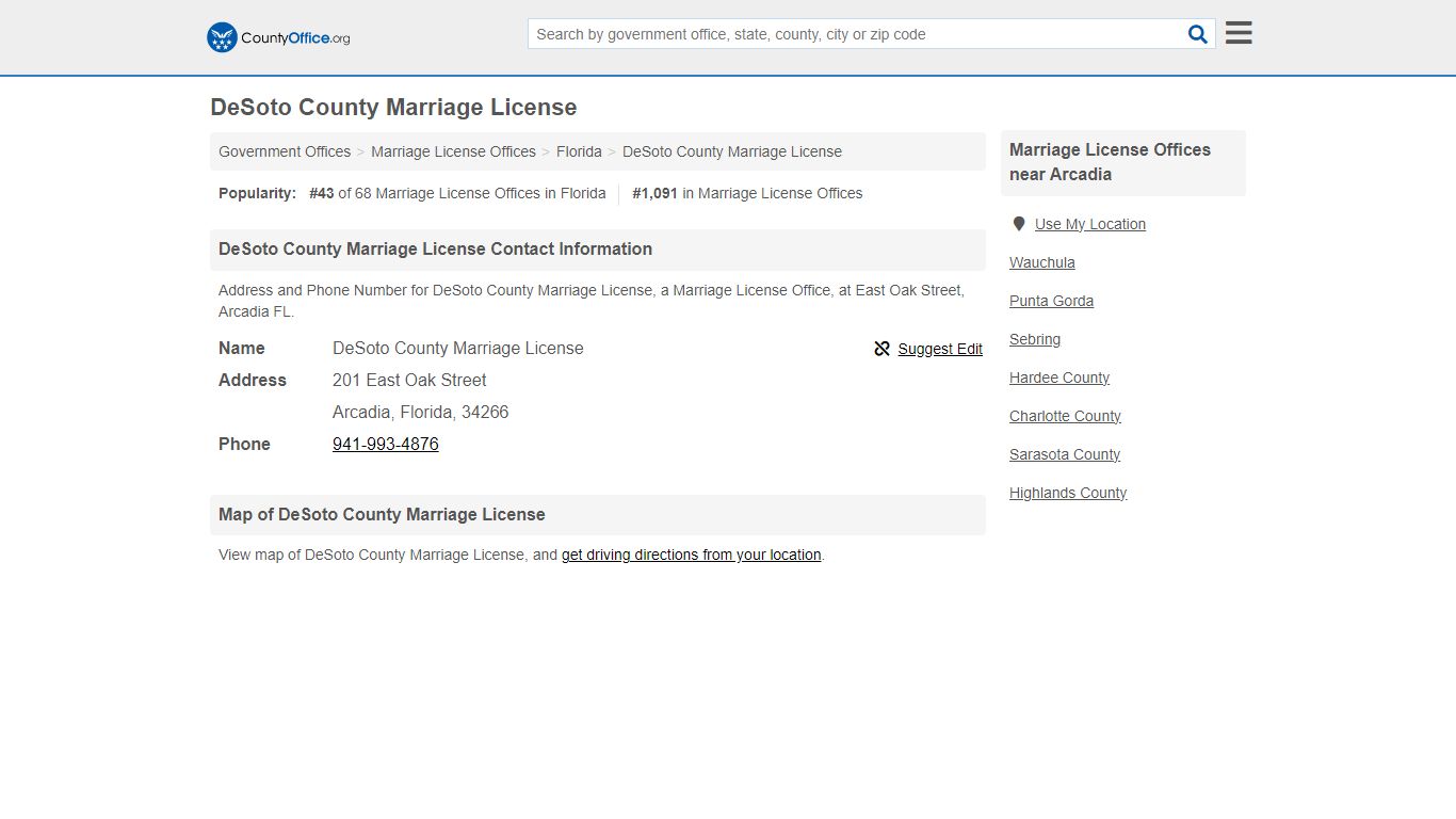 DeSoto County Marriage License - Arcadia, FL (Address and Phone)